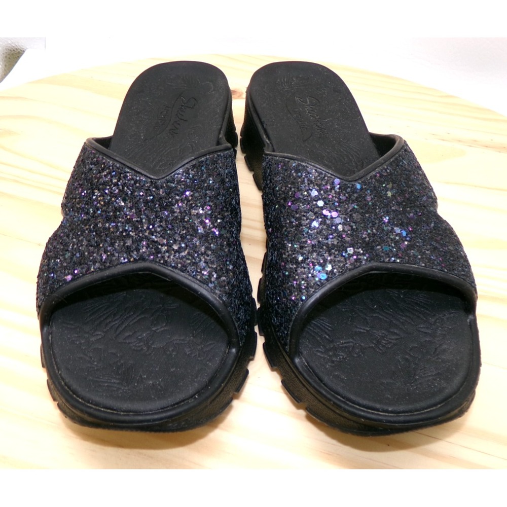 Skechers Foamies Arch Fit Footsteps Glitter Cross Band Slide Womens Black Size 9